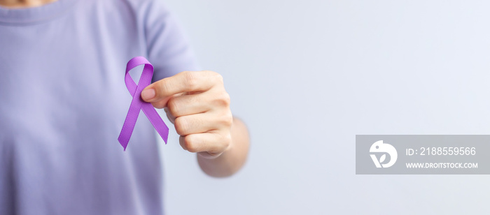 purple ribbon for cancer day, lupus, Pancreatic, Esophageal, Testicular cancer, world Alzheimer, epilepsy, Sarcoidosis, Fibromyalgia and domestic violence Awareness month concepts