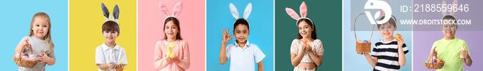 Cute little boy with basket of Easter eggs on color background