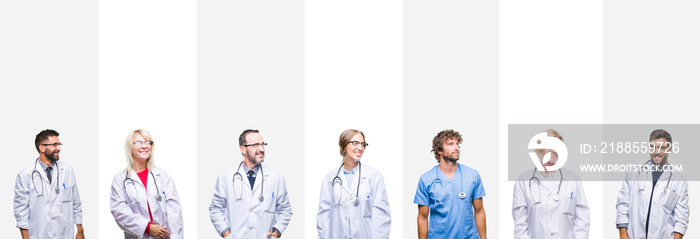 Collage of professional doctors over stripes isolated background looking away to side with smile on face, natural expression. Laughing confident.