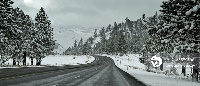 Title: Devil’s Gate Pass in winter . It is is a mountain pass in Mono County, California, traversed by U.S. Route 395.