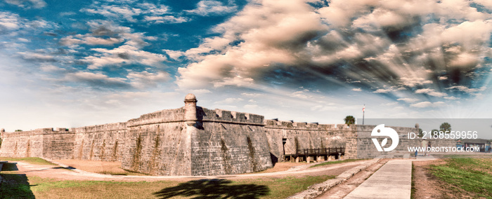 Panoramic sunset view of St Augustine medieval castle