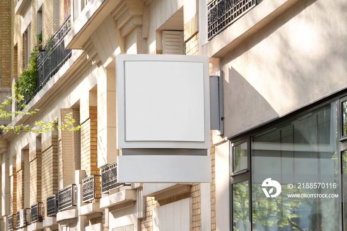 Store brand sign board mockup. Empty squared shop frontage in street