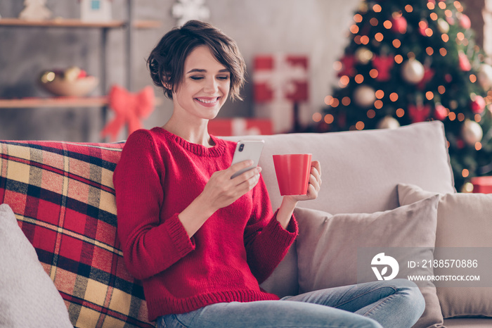 Photo of positive lady sit cozy couch use cellphone hold beverage mug in house indoors with christma