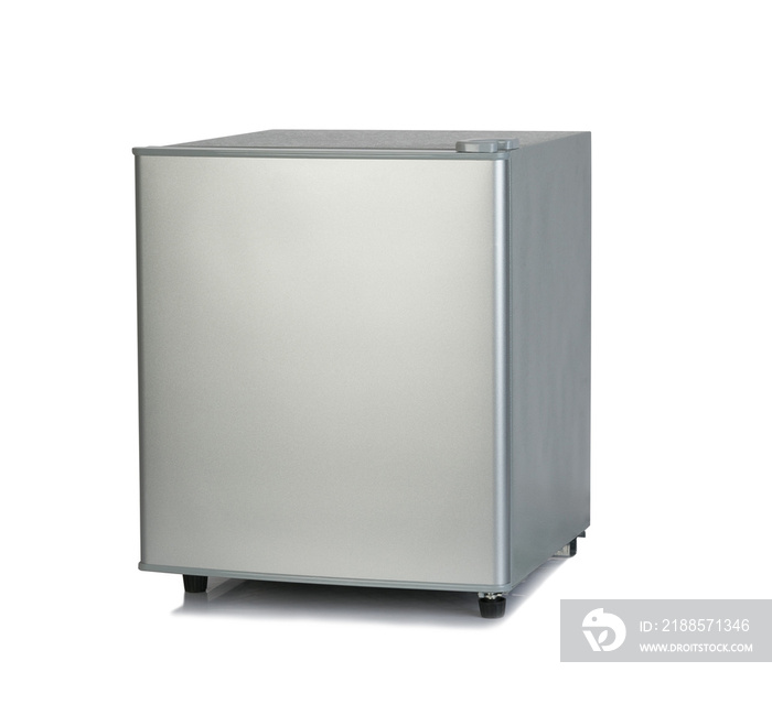 Small metallic grey color refrigerator isolated on white background