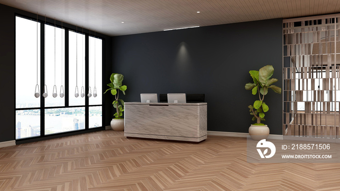 office front desk or receptionist room with wooden design interior