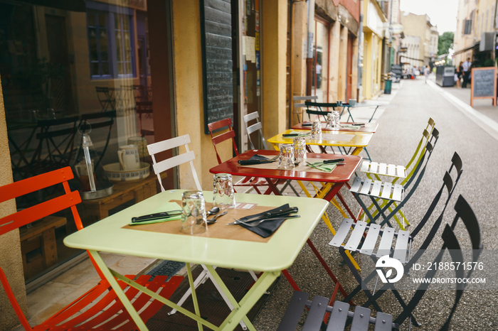 Theme cafes and restaurants. Exterior summer terrace of bright colors of street cafe shop in Europe 
