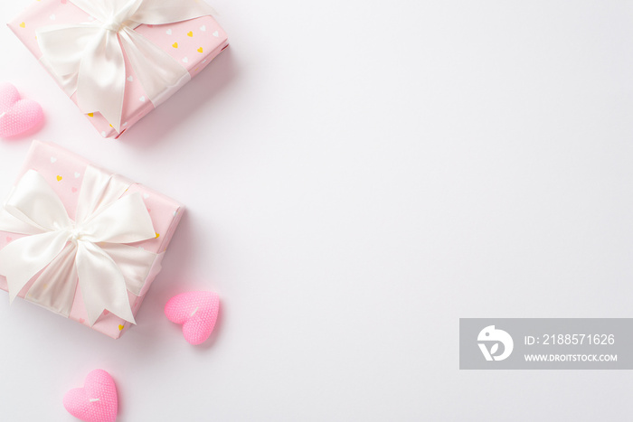 Saint Valentines Day concept. Top view photo of pastel pink present boxes with silk ribbon bows and