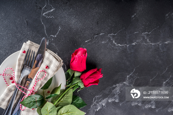 Valentines day table place setting. Romantic holidays background above copy space for test