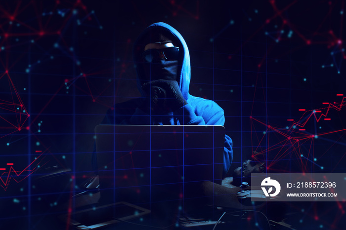 hacker man terrorist with virus computer attack to server network system online in data internet sec