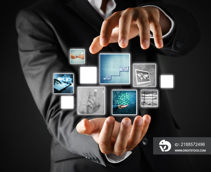 Man with preview digital business photos on virtual screen, concept of modern technology