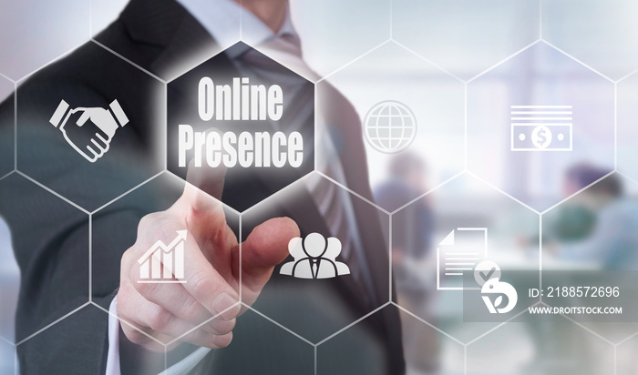 A businessman selecting a Online Presence Concept button on a hexagonal screen