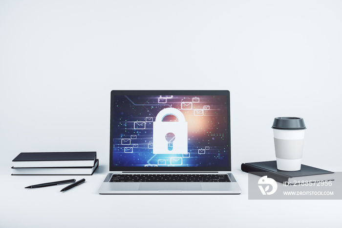 Creative light lock illustration with postal envelopes on modern computer monitor, cyber security an