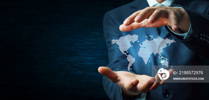 Businessman holding world map.