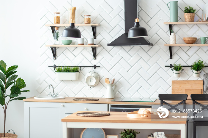 New modern kitchen interior. Wooden table. interior background