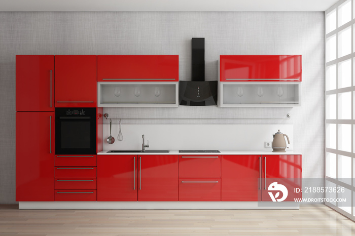 Modern Red Kitchen Furniture with Kitchenware Near Window. 3d Rendering
