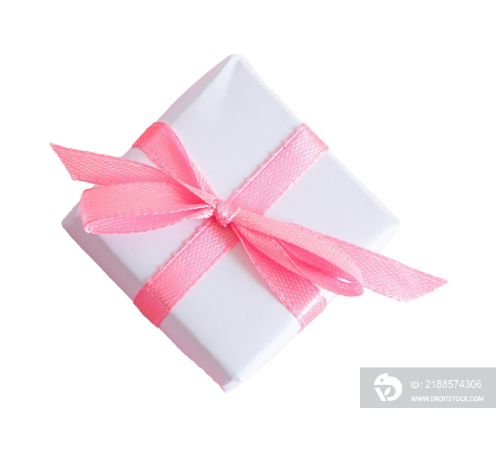 Small white gift box with pink bow, isolated on blank background. Top View.