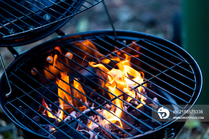 Barbecue fire with round grill. Food preparing concept with bbq fire on grill