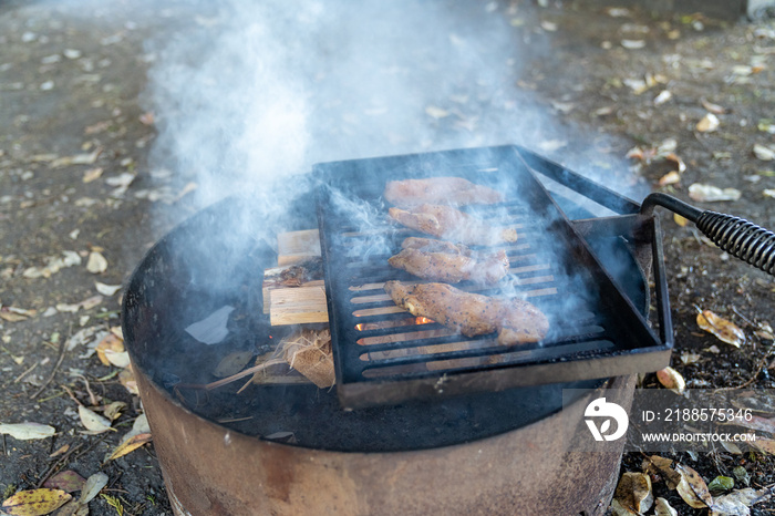 Marinated chicken breasts cooking over a campfire ring. Lots of smoke from the campfire. Selective f