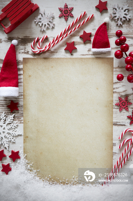 Rustic Christmas Flat Lay, Vertical Paper, Copy Space, Snow