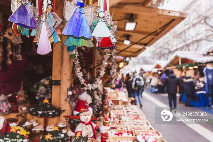 Kiosk with Christmas decorations made in Hungary in the beautiful Christmas Market at St. Stephens 