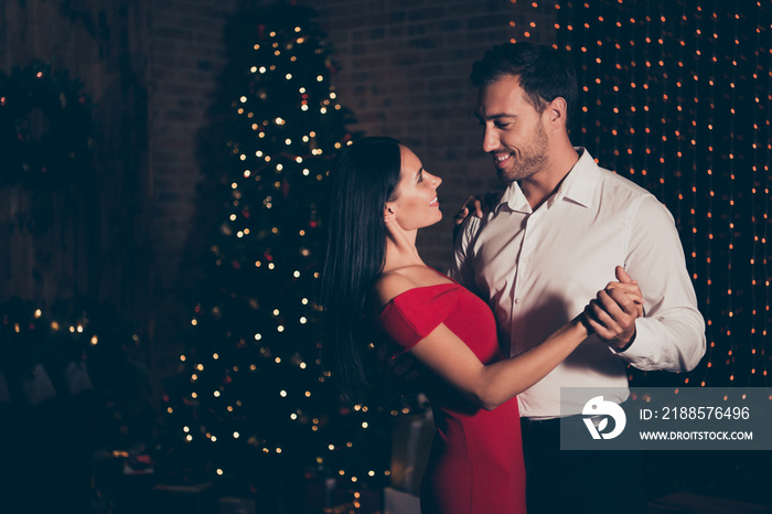 Profile side view photo of man in formal wear dance with attract