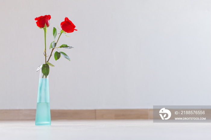 An isolated small turquoise glass vase with two beautiful red roses with copy space.