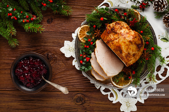 Christmas baked ham, served on the old plate.