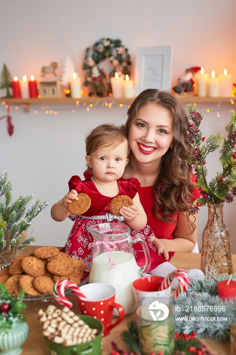 Christmas family Mom and daughter. Merry Christmas and Happy Holidays card! Morning before Xmas back