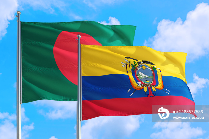 Ecuador and Bangladesh national flag waving in the windy deep blue sky. Diplomacy and international 