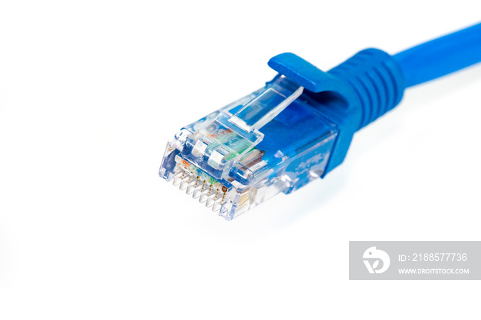 image of blue computer network ethernet cable isolated on white background.  LAN cable.