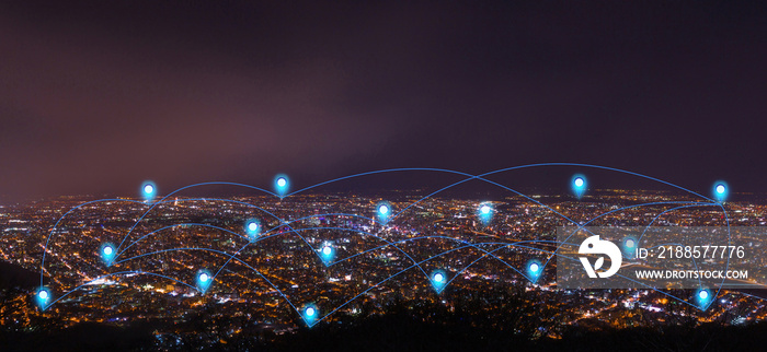 pin flat above night cityscape and glowing networking connection as communication concept