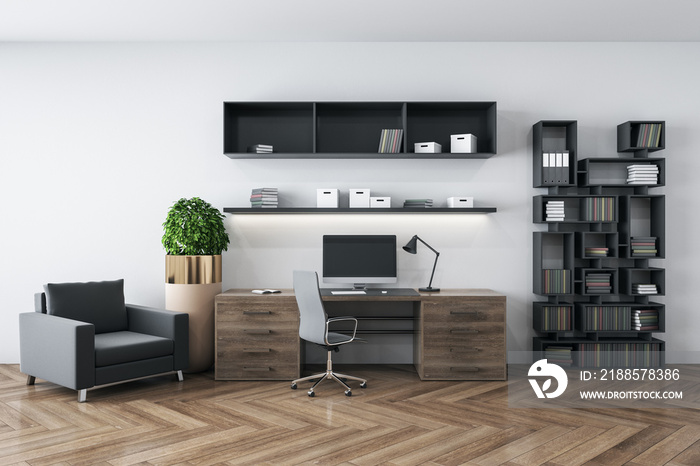 Luxury office interior with computer on table and shelf with documents.