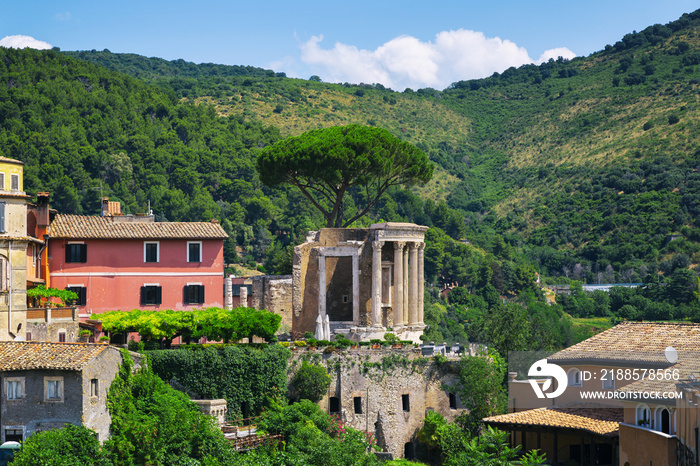 View of the Tempio della Sibilla in the park of Villa Gregoriana, Tivoli, Rome