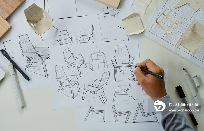 Designer sketching drawing design development product plan draft chair armchair Wingback Interior fu
