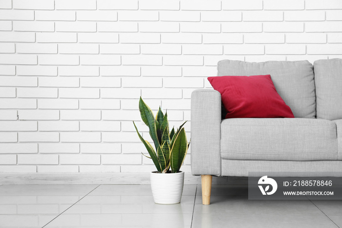 Modern sofa with pillow and houseplant near light brick wall in room