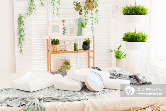 beautiful interior photographs of the modern bedroom, comfortable pillows of orthopedic