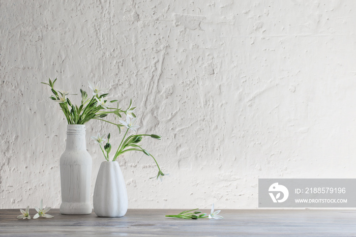 white flowers in vase on background old white wall