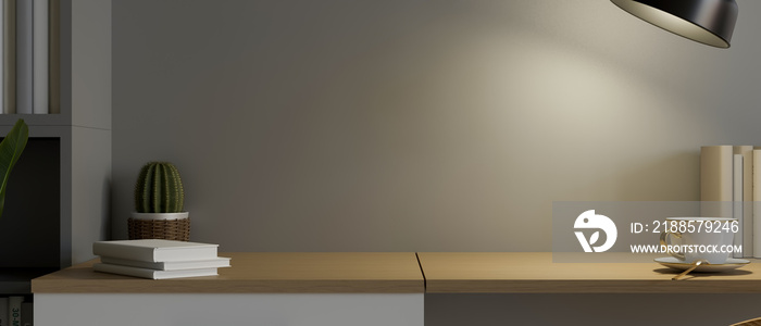 Mockup space on wooden table under warm light in modern living room, close up, 3d rendering