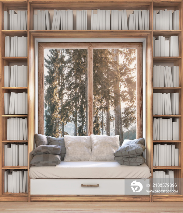 Reading place with bookshelves,white books, wooden floor