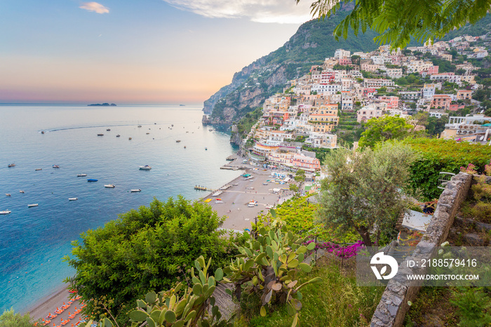 Positano, Amalfi Coast, Italy. Sunset scenic view