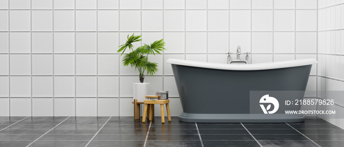 Modern bathroom interior with luxury bathtub over tile walls and floor