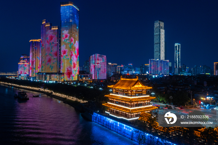 航拍长沙湘江沿江风光杜甫江阁夜景