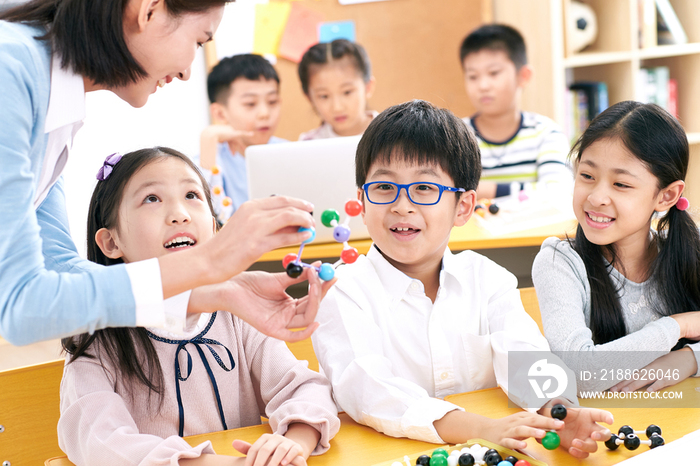 女教师和小学生在教室里