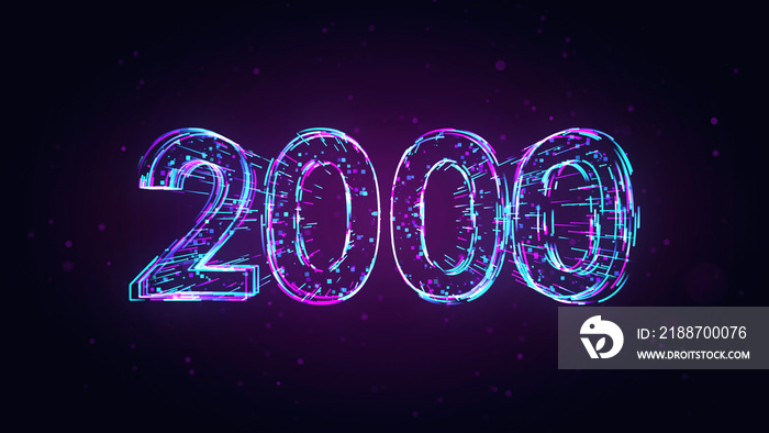 Futuristic Purple Blue Shiny Number 2000 3d Lines Effect And Square Dots Particles On Dark Purple Glitter Dust Background