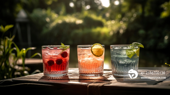 Colorful summer cocktails on a nature background on a sunny day.