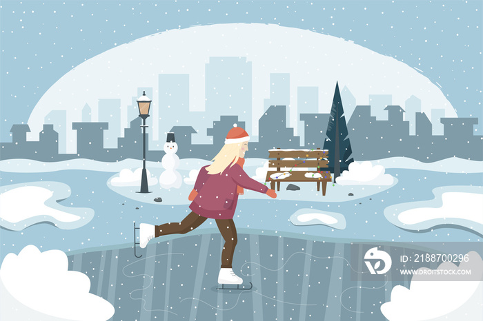 A young woman is ice skating on the rink in the park. Concept illustration in a flat style.