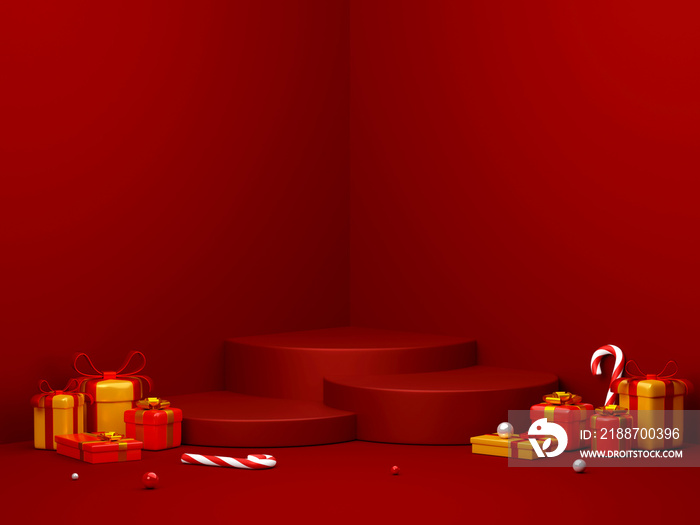 Christmas podium with gift for product advertisement, 3d illustration