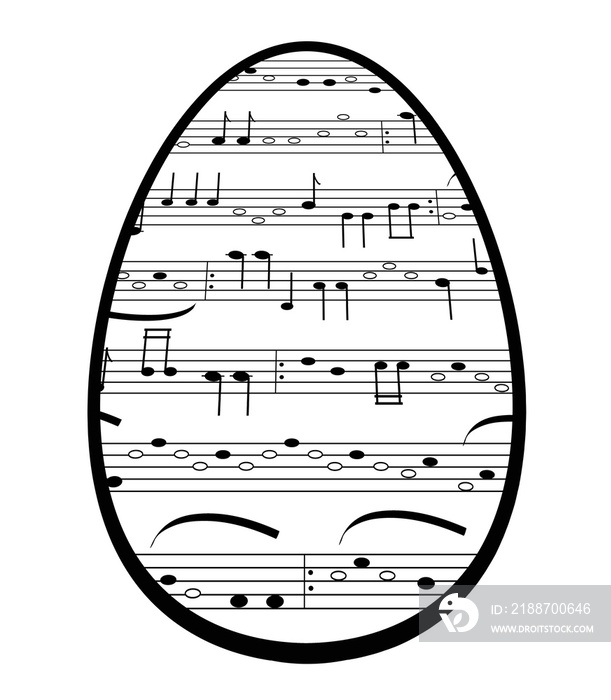 Monochrome musical easter eggs with fictional notation. Symbolic single object for Easter holidays, object white isolated.