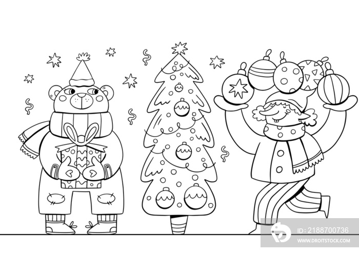 Christmas illustration with elf and bear for decoration design. Coloring book design. Happy new year.