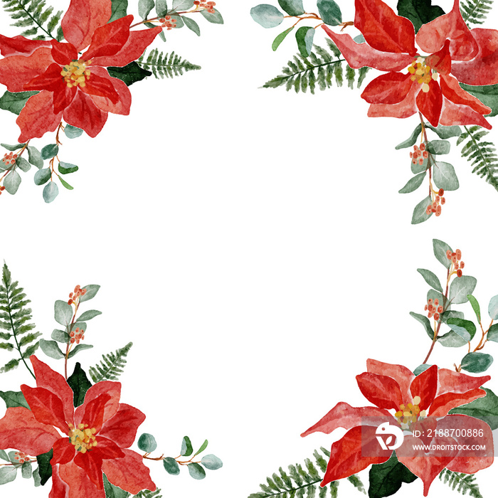 watercolor red poinsettia flower bouquet gold glitter frame banner background